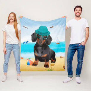Dachshund Dog on Beach Fleece Blanket