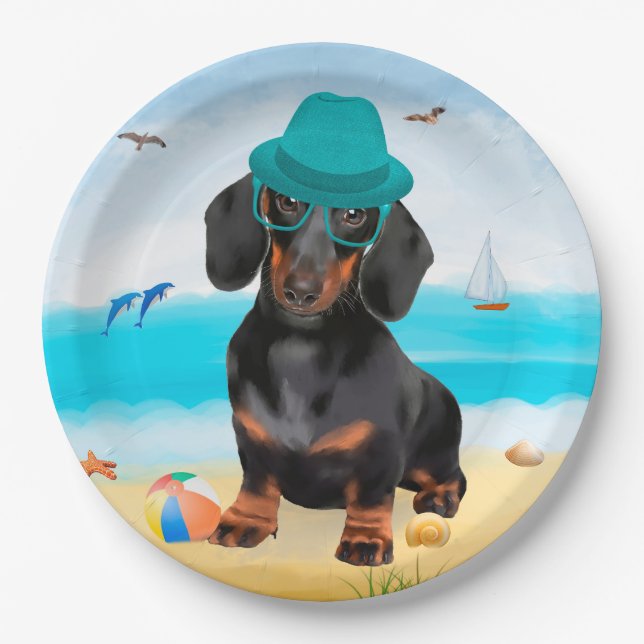 Dachshund Dog on Beach Paper Plate (Front)