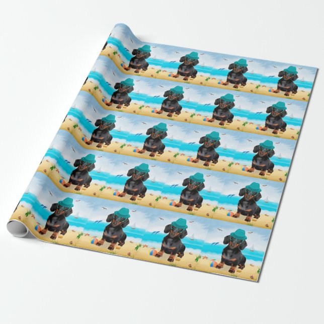 Dachshund Dog on Beach Wrapping Paper (Unrolled)