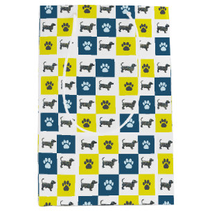 Dachshund Dog & Paw Yellow & Black Grid Line Medium Gift Bag
