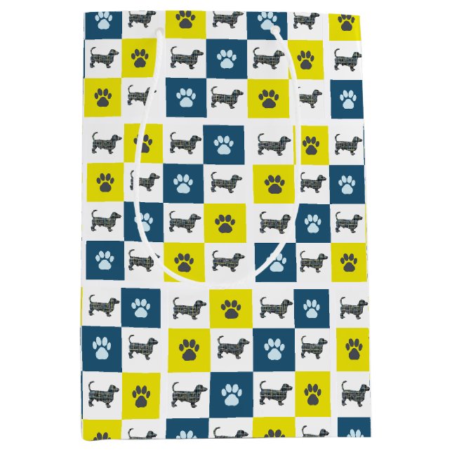 Dachshund Dog & Paw Yellow & Black Grid Line Medium Gift Bag (Front)