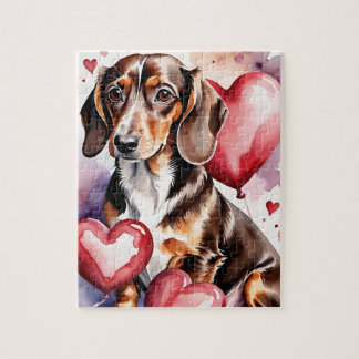 Dachshund Dog Pet Portrait Watercolor Valentine Jigsaw Puzzle