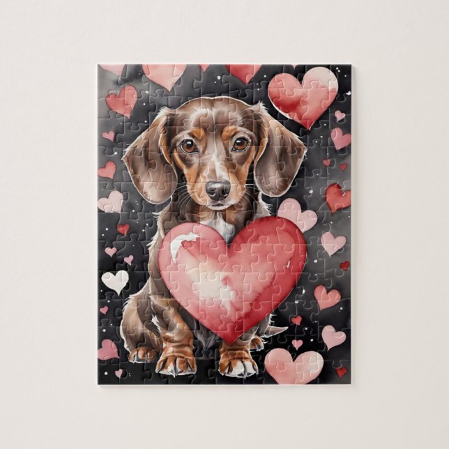 Dachshund Dog Pet Portrait Watercolor Valentine Jigsaw Puzzle (Vertical)