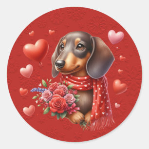 Dachshund Dog Red Valentine Hearts Classic Round Sticker