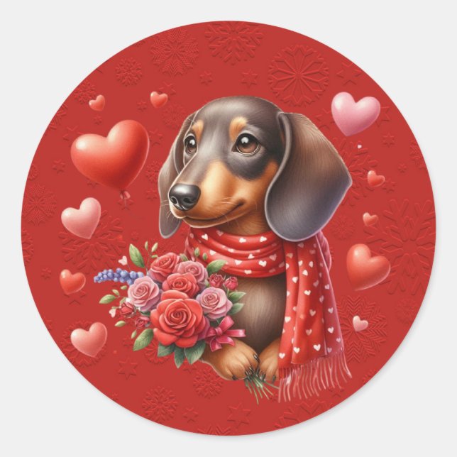 Dachshund Dog Red Valentine Hearts Classic Round Sticker (Front)