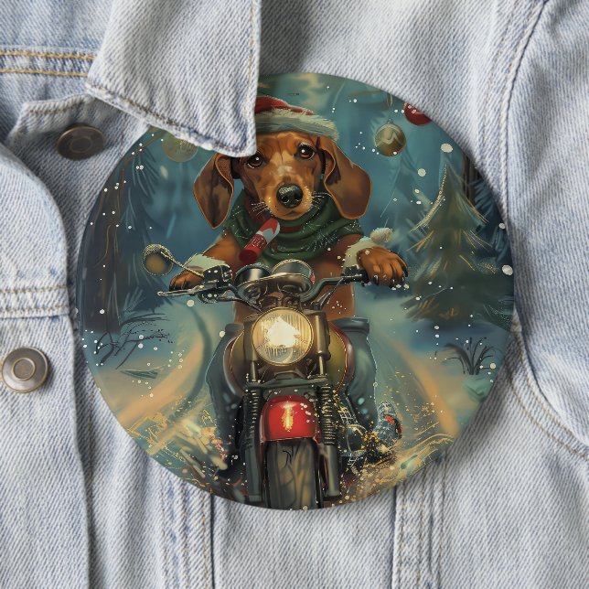 Dachshund Dog Riding Motorcycle Christmas 6 Cm Round Badge (In Situ)