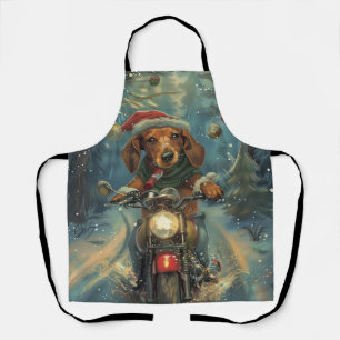 Dachshund Dog Riding Motorcycle Christmas Apron