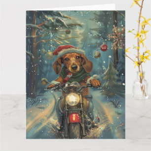 Dachshund Dog Riding Motorcycle Christmas Card