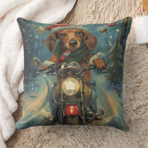 Dachshund Dog Riding Motorcycle Christmas Cushion