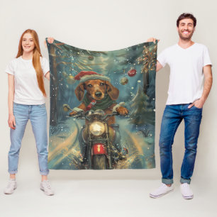 Dachshund Dog Riding Motorcycle Christmas Fleece Blanket