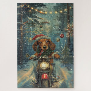 Dachshund Dog Riding Motorcycle Christmas Jigsaw Puzzle