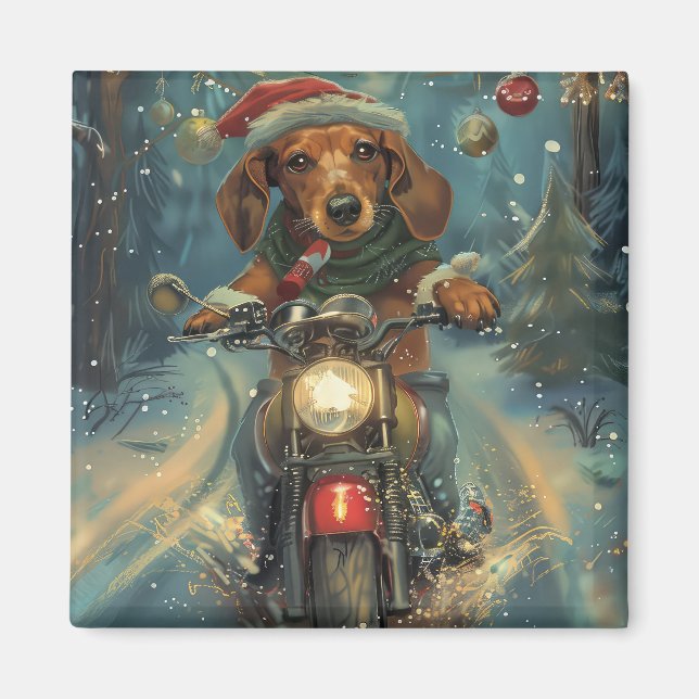 Dachshund Dog Riding Motorcycle Christmas Magnet (Front)