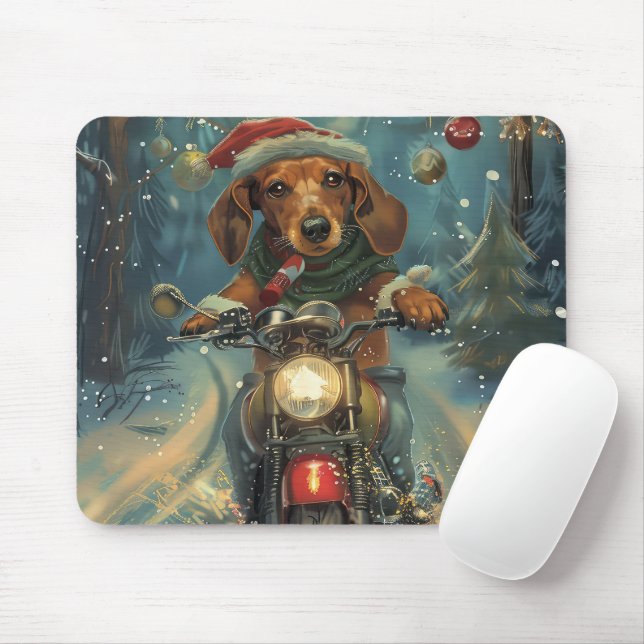 Dachshund Dog Riding Motorcycle Christmas Mouse Mat (With Mouse)