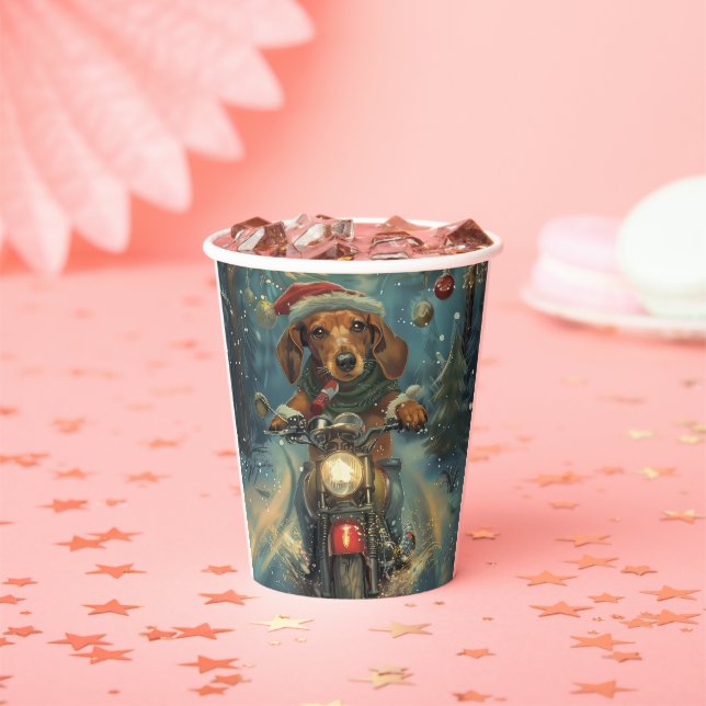 Dachshund Dog Riding Motorcycle Christmas Paper Cups (Insitu)