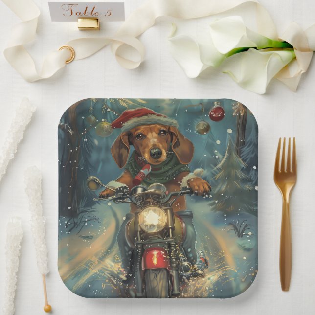 Dachshund Dog Riding Motorcycle Christmas Paper Plate (Wedding)