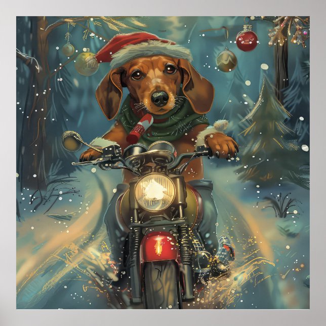 Dachshund Dog Riding Motorcycle Christmas Poster (Front)
