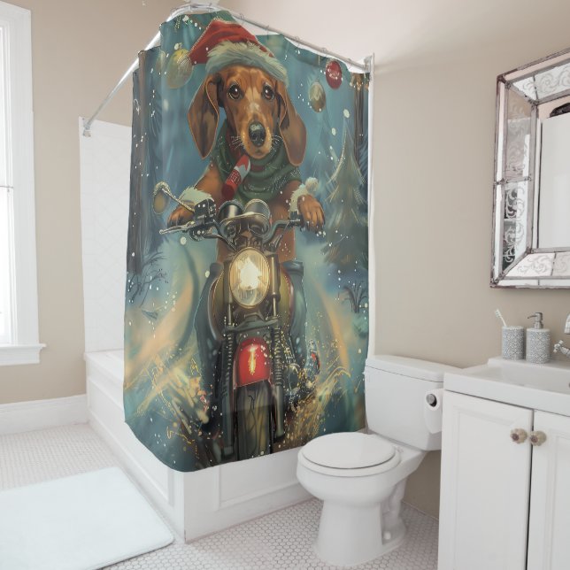 Dachshund Dog Riding Motorcycle Christmas Shower Curtain (In Situ)