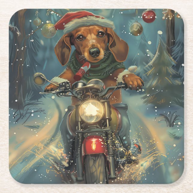 Dachshund Dog Riding Motorcycle Christmas Square Paper Coaster (Front)