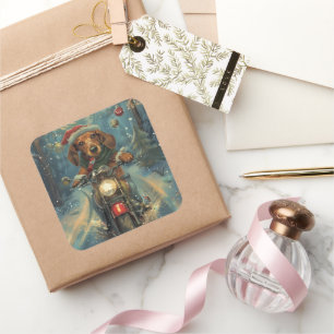 Dachshund Dog Riding Motorcycle Christmas Square Sticker