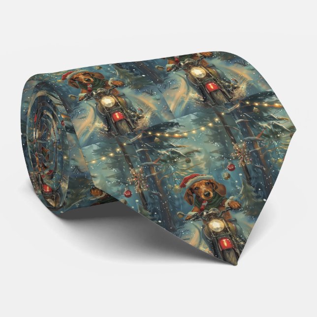 Dachshund Dog Riding Motorcycle Christmas Tie (Rolled)