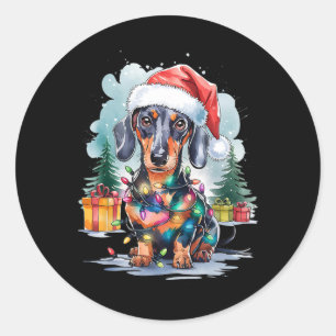 Dachshund Dog Santa Hat Christmas Lights Tree Wint Classic Round Sticker