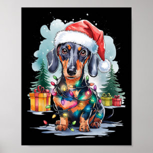 Dachshund Dog Santa Hat Christmas Lights Tree Wint Poster