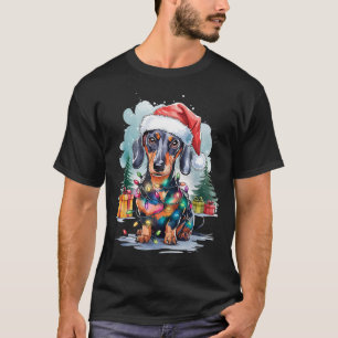 Dachshund Dog Santa Hat Christmas Lights Tree Wint T-Shirt