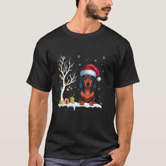 Dachshund Dog Santa Hat Festive Tree Light Christm T-Shirt (Front)