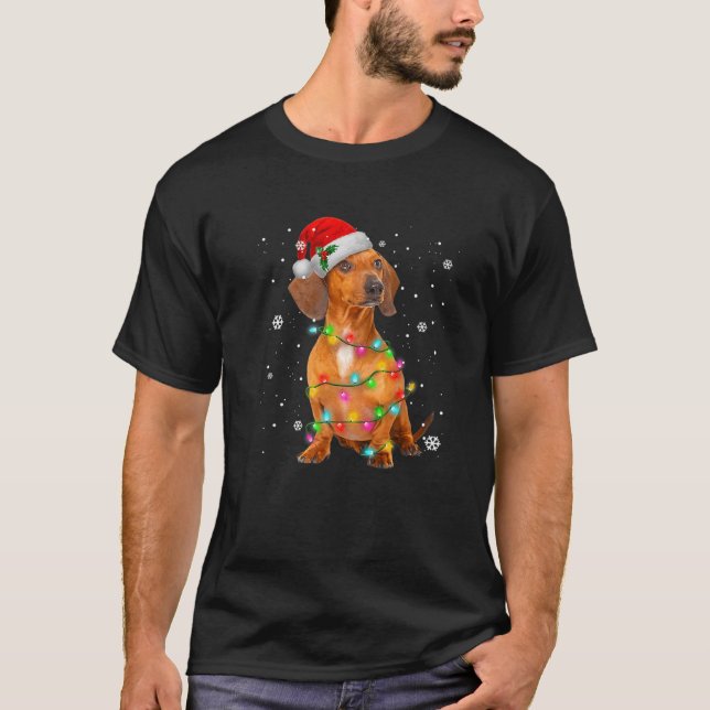 Dachshund Dog Santa Hat With Lights Snowy Christma T-Shirt (Front)