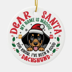 Dachshund Dog Santa Personalised Christmas Round Ceramic Tree Decoration