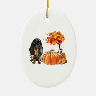 Dachshund Dog Scarf Pumpkin Autumn Leaves Fall Ceramic Tree Decoration