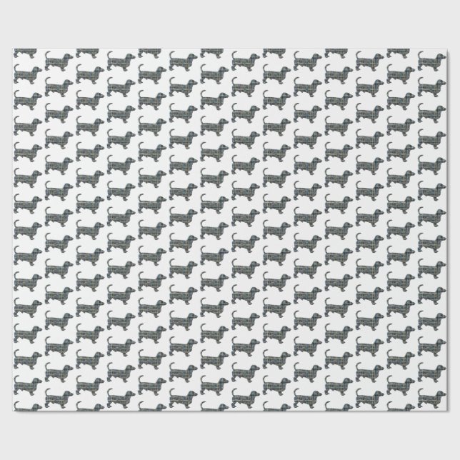 Dachshund Dog Silhouette Y&B Grid White Gift Wrapping Paper (Seam)