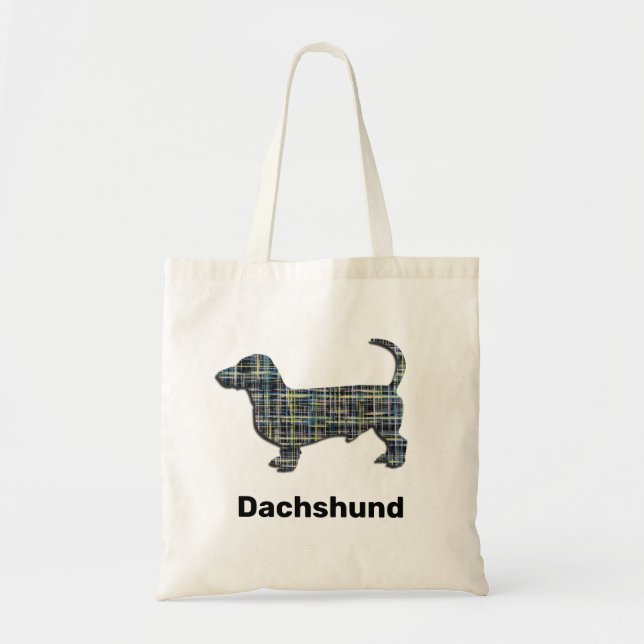 Dachshund Dog Silhouette Yellow & Blue Grid Lines Tote Bag (Front)