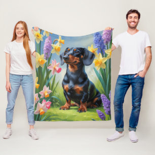 Dachshund Dog Spring Flowers Painting Fleece Blanket