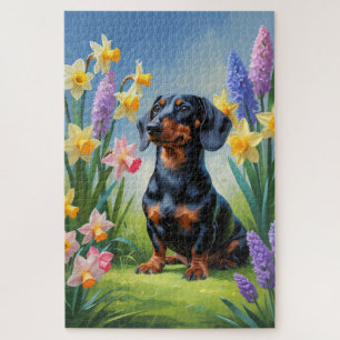 Dachshund Dog Spring Flowers Painting Jigsaw Puzzle
