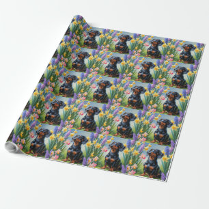 Dachshund Dog Spring Flowers Painting Wrapping Paper