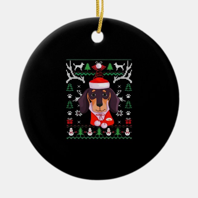 Dachshund Dog Ugly Christmas Classic T-Shirt Ceramic Tree Decoration (Front)