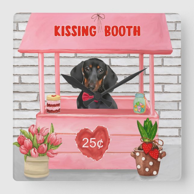 Dachshund Dog Valentine's Day Kissing Booth Square Wall Clock (Front)