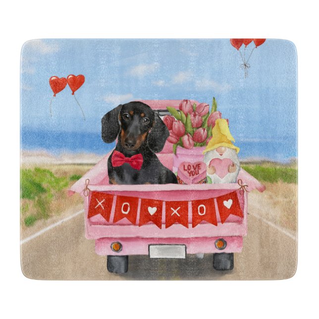 Dachshund Dog Valentine's Day Truck Hearts Cutting Board (Front)