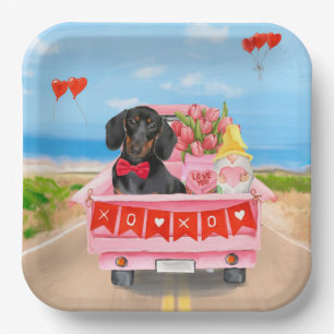 Dachshund Dog Valentine's Day Truck Hearts Paper Plate
