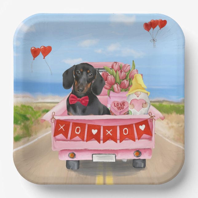 Dachshund Dog Valentine's Day Truck Hearts Paper Plate (Front)