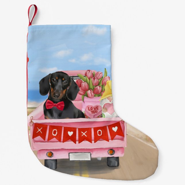 Dachshund Dog Valentine's Day Truck Hearts Small Christmas Stocking (Front)