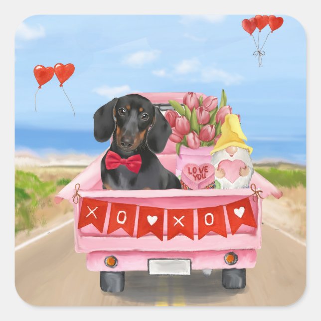 Dachshund Dog Valentine's Day Truck Hearts Square Sticker (Front)