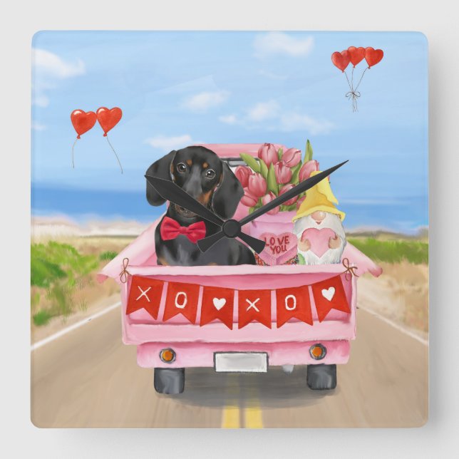 Dachshund Dog Valentine's Day Truck Hearts Square Wall Clock (Front)