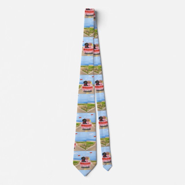 Dachshund Dog Valentine's Day Truck Hearts Tie (Front)