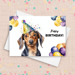Dachshund Dog with Balloons and Party Hat Birthday Card