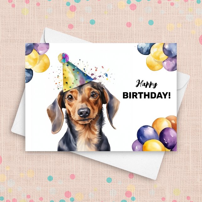 Dachshund Dog with Balloons and Party Hat Birthday Card (Creator Uploaded)