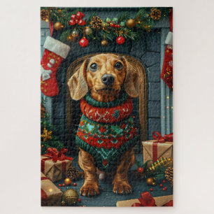 Dachshund Dog With Christmas Gifts Fireplace Jigsaw Puzzle
