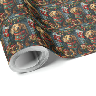 Dachshund Dog With Christmas Gifts Fireplace Wrapping Paper