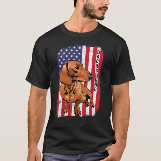 Dachshund Dog With US Flag Happy July 4th American T-Shirt (Front)